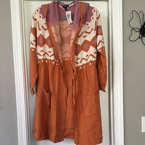 Torrid Rust & Cream Hooded Aztec Cardigan with Mauve Trim